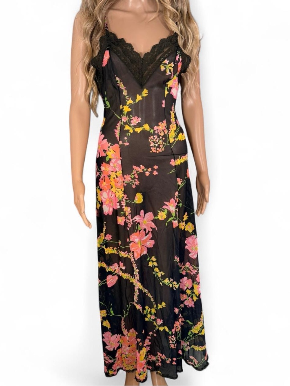 1960s Vintage Floral Black Lace-Trim Olga Slip Dress
